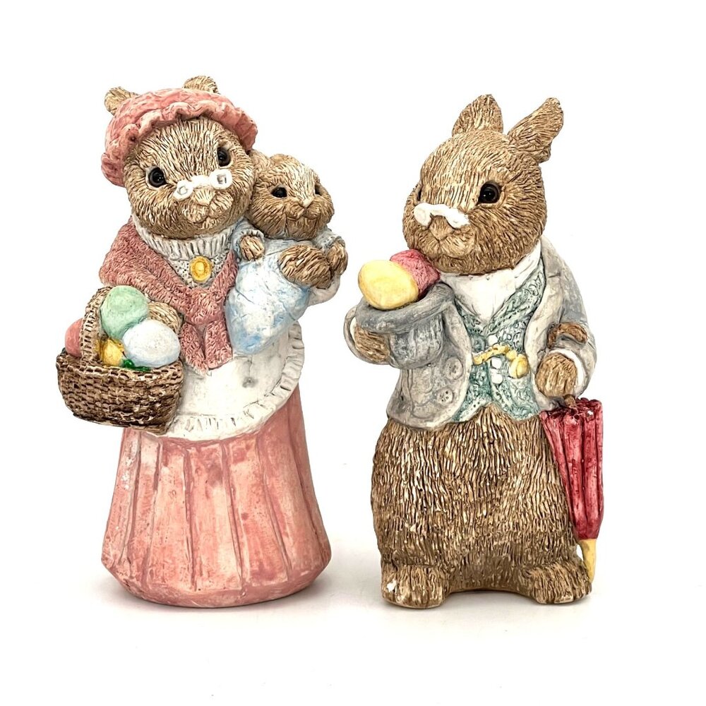 Vintage Easter Bunny Rabbit Figurine Family With Eggs & Basket By UDC 1987